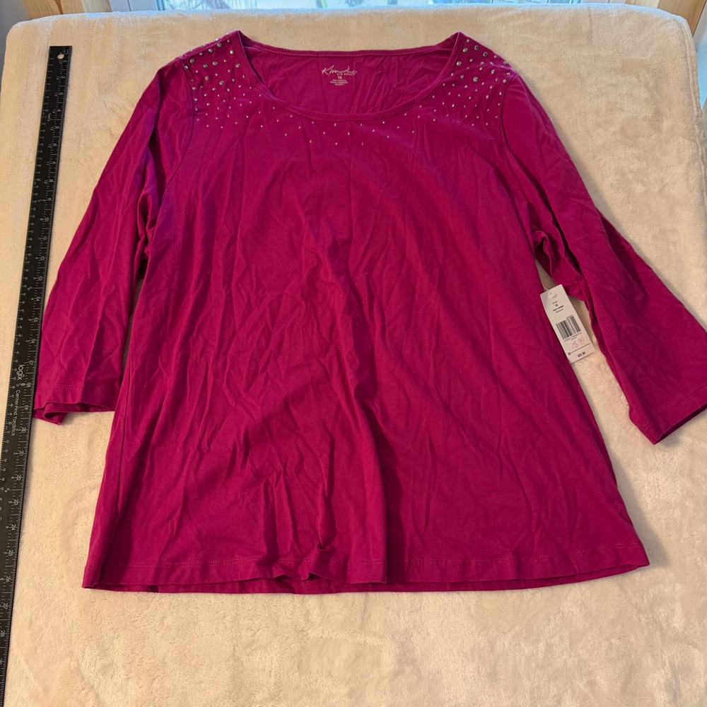 Kim Rogers Women 1X Pink Azalea Studded Scoop Neck Cotton 3/4 Sleeve Top NWT